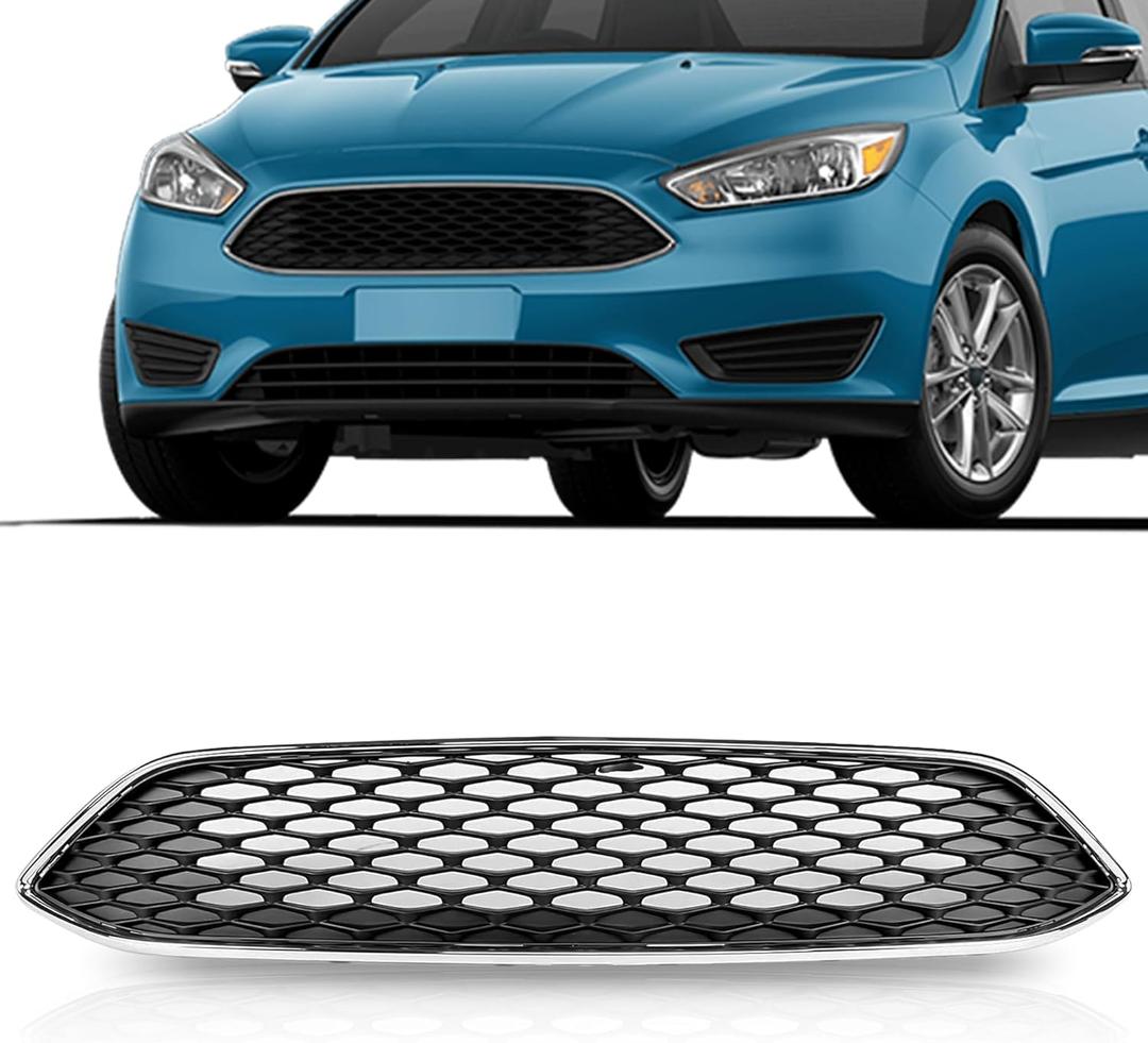 Front Upper Grill Honeycomb Style Grille Black With Chrome Compatible With 2015-2018 Ford Focus S SE F1EZ8200A
