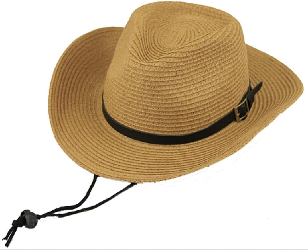 Men's Floppy Packable Straw Hat Beach Cap Newsboy Fedora Sun Hat, Big Brim, Adjustable Chin Strap (Medium-Large, Khaki)