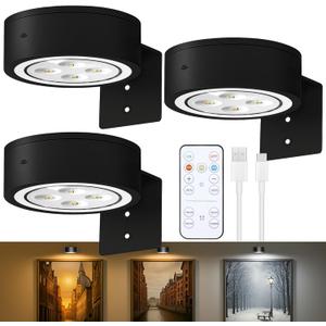 3-Pack Picture Lights for Wall, Rechargeable Battery Operated LED Painting Light with Remote Control Dimmable & Timer, 3 CCT Magnetic Art Display Lighting, Wireless Wall Decor Puck Light, Black