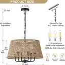 20"Rattan Large Boho Chandelier Ceiling Light Fixture, 6-Light Farmhouse Wicker Hand-Woven Chandelier Rattan Ceiling Pendant light Fixture for Dining Room Bedroom Hallway Kitchen Island(Black)