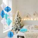 Watersay 10 Pcs Jumbo 10-14 Inch Christmas Honeycomb Paper Ornaments Hanging Xmas Honeycomb Balls Reusable Vintage Christmas Paper Lantern for Holiday Indoor Tree Party Decor (Blue Colors)