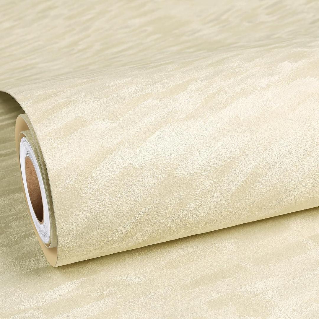 ReWallpaper 30inx16.5ft Beige Wallpaper Peel and Stick Modern Velvet Flocked Contact Paper Self Adhesive Sound Absorbing Soft Textured Velvet Fabric Wallpaper for Living Room Accent Wall Shelf Closet