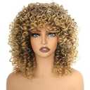 PORSMEER 14inch Blonde mixed Brown Curly Wigs for Women, Short Kinky Afro Curly Wigs with Bangs Natural Soft Bouncy Fluffy Heat Resistant Synthetic Hair Wig 70s for Daily or Party