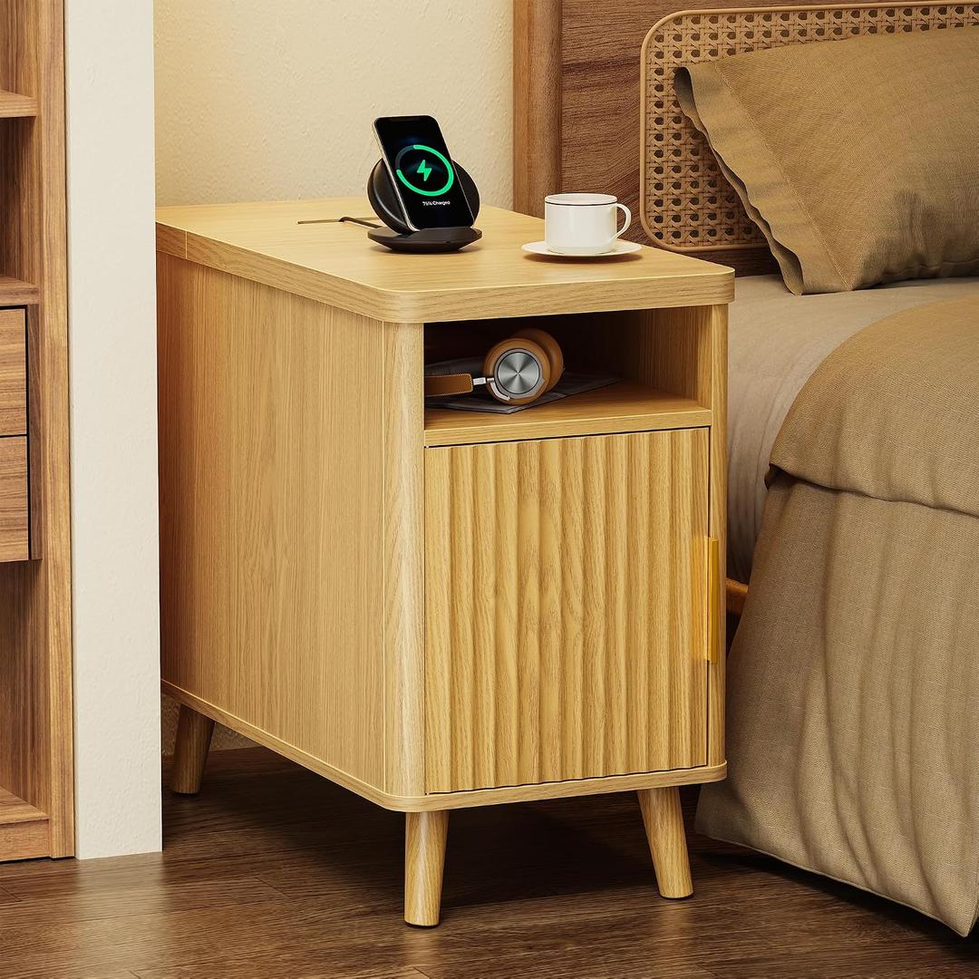 Huuger Narrow End Table with Charging Station, USB-C Port, Fluted Nightstand with Storage Cabinet, Back Rack, Side Table for Small Spaces, 13.4 23.6 Inch Night Stand with Storage, Natural