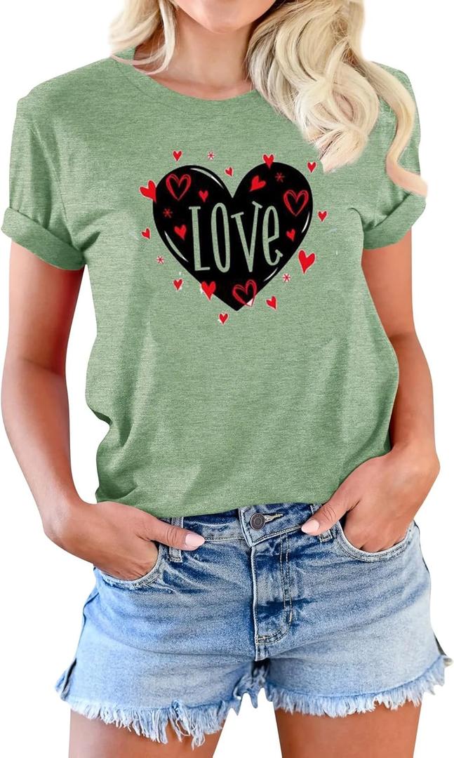 Womens Valentines Tshirt Cute Love Heart Graphic Tee Crew Neck Causal Short Sleeves Tops (Medium, Light Green-1)