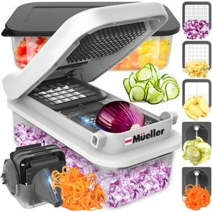 Mueller Pro-Series V Blade Vegetable Chopper, Onion Chopper, Egg Slicer, Spiralizer, Dicer, Food Chopper Veggie Fruit Cutter, French Fry Cutter, Kitchen Gadgets 2024 w Food Container White Sand/Grey
