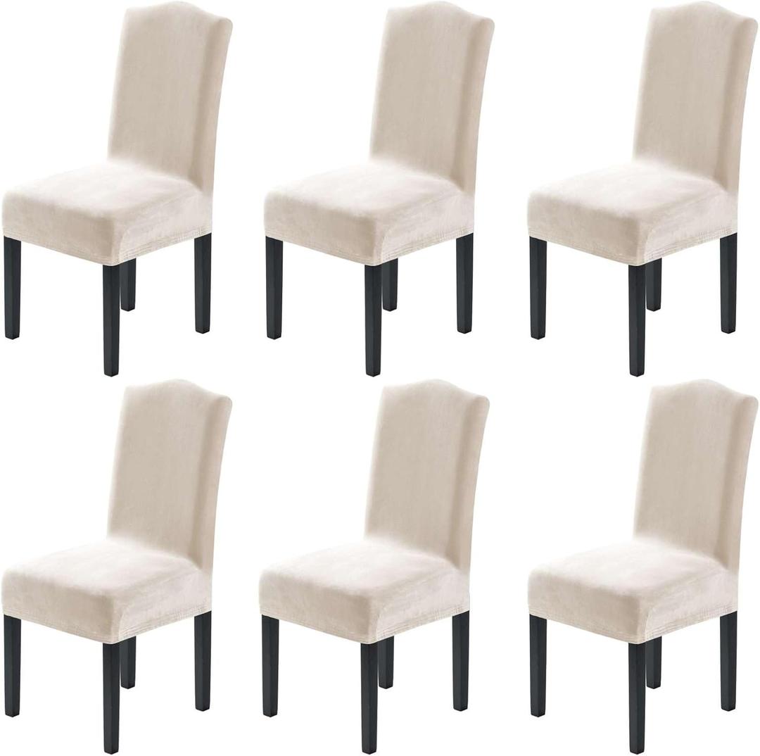 H.VERSAILTEX Dining Chair Covers Velvet Stretch Chair Covers for Dining Room Set of 6 Parson Chair Slipcovers Chair Protectors Covers, Soft Thick Solid Velvet Fabric Washable, Ivory