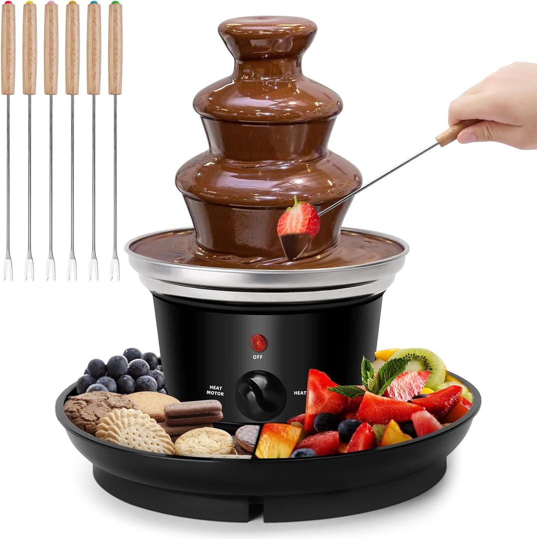 16oz Chocolate Fondue Fountain, 3-Tier MINI Chocolate Fountain with 6PCS Fondue Fork and Removal Fruits/Nuts/Treats Serving Tray for BBQ Sauce, Ranch, Nacho Cheese, Liqueurs (Black)