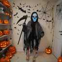Grim Reaper Costume Kids,Scary Halloween Costumes for Boys Girls, LED Mask,Hooded Cloak,Scythe,Gloves Included (Large, Black)