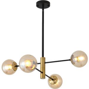 4-Lights Glass Globe Sputnik Chandelier, Amber Shade Dining Room Lighting Fixture, Mid Century Chandelier, Classic Retro Ceiling Light Fixture for Study, Kitchen, Bedroom, Hallway, Farmhouse