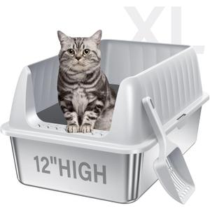 Cat Litter Box Stainless Steel XL with Lid, Enclosed Metal Extra Large Litter Box Pan High Sided with Scoop for Big Cats, Non-Sticky, Anti-Urine Leakage, Easy Cleaning (23.6"x16"x12", Light Grey)