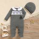 GRNSHTS Newborn Romper Coming Home Outfits Infant Girl Boy Cute Print Long Sleeve Bodysuit with Mitten, Matching Hat Jumpsuit (Gray, XS)