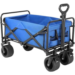Beach Wagon with Big Wheels for Sand,Collapsible Folding All Terrain Utility Wagons Carts Foldable with Brakes for Sand Camping Sports Outdoor. (Blue)