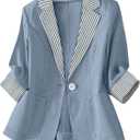winkbay Women's Elegant Striped 3/4 Sleeve Blazer Button Lapel Collar Business Casual Suit Jacket with Pocket Blue Small