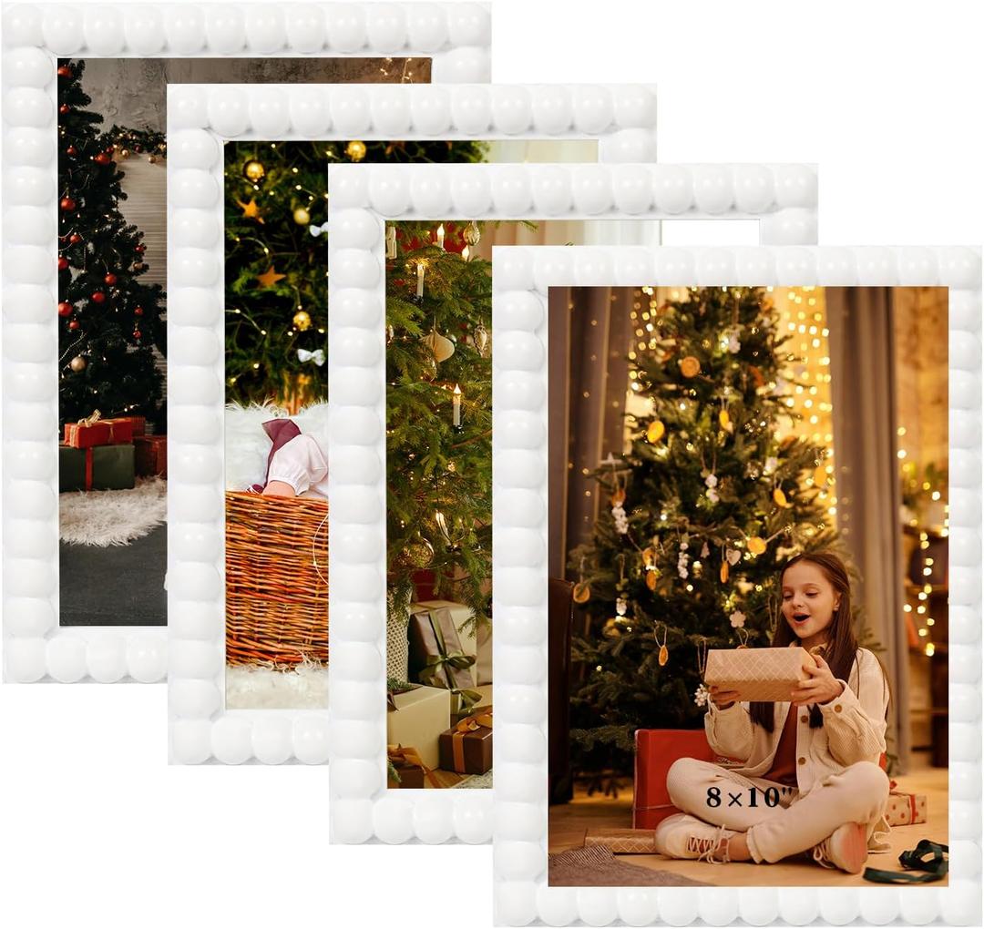8x10 Picture Frame Set of 4, White Beaded Photo Frames Display Pictures 5x7 with Mat or 8x10 without Mat, Multi Photo Frames Collage for Wall or Tabletop Decor