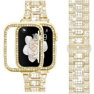 SUPOIX Compatible with Apple Watch Band 45mm + Case, Luxury Shiny Diamond Replacement Metal Strap for Women & Soft TPU Bumper Protective Case for iWatch Series 9 8 7(45mm, Gold)