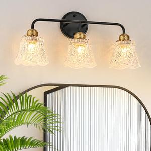 YUNICE 3 Light Bathroom Vanity Light Fixtures Brushed Black and Gold Wall Sconce with White Glass Shade E26 Base Vintage Mirror Lights for Bathroom, Bedroom Antique Brass Wall Lamp, 3 light Glass flower Shade