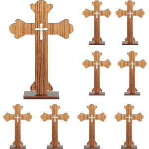 Amyhill 10 Pcs Easter Wooden Crosses Baptism Centerpieces for Tables First Communion Decorations Rustic Wood Cross for Crafts with Bases Religious Catholic Decor(Light Brown)