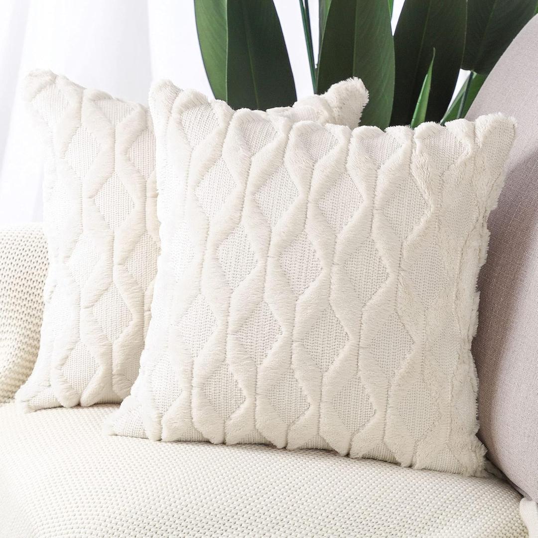 MADIZZ Set of 2 Soft Plush Short Wool Velvet Decorative Throw Pillow Covers 24x24 inch Beige Square Luxury Style Cushion Cases European Pillow Shell for Sofa Bedroom (24" x 24" (Pack of 2), Cream Beige)