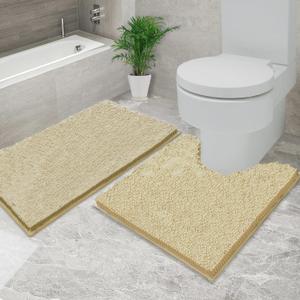 Flotstiga Bathroom Rugs Chenille, Extra Thick and Absorbent, Non-Slip, Machine Washable, Dry Quckily, Soft Cozy Plush, Used Under Shower Bathtub and Sink, Bath mat Sets 5050U+5080 (20 x 32 inch + 20 x 20 inch (U-Shape), Beige)