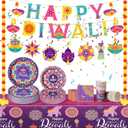 Bokon 121 Pcs Happy Diwali Decorations Diwali Party Tableware Set for 24 Guests Deepawali Lights Festival Tableware Tablecloth Banner Hanging Decorations Swirls Marigold Garland for India Deepawali