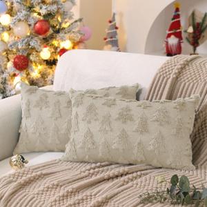 DFXSZ Christmas Tree Pillow Covers 12x20 inch Set of 2 Christmas Decoration Beige Soft Plush Faux Fur Jacquard Throw Pillows for Bedroom Sofa Holiday Festivals Winter Home Decor PTK006C12