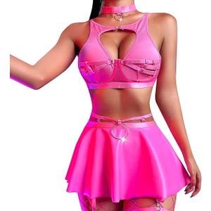 ABAFIP Women Rave Outfits Metallic Mini Skirt Cutout Crop Bra Top Choker Strappy Festival Dancewear set, Rose, L