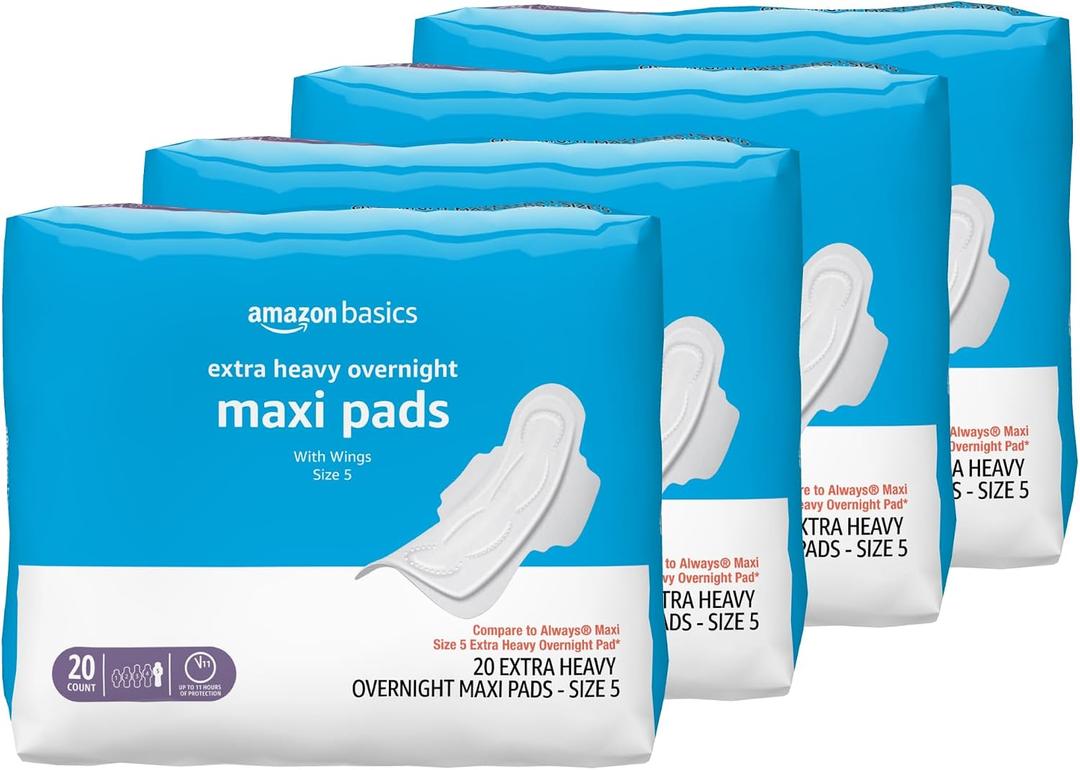 Amazon Basics Thick Maxi Pads with Wings for Periods, Feminine Pads with Leakage Protection, Extra Heavy Overnight Absorbency, Unscented, Size 5, 80 Count (4 Packs of 20) (Previously Solimo)