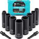 DURATECH 10-Piece 3/8" Drive 6 Point Deep Impact Socket Set, Including 8PCS Deep Impact Sockets in SAE Sizes (5/16", 3/8", 7/16", 1/2", 9/16", 5/8", 11/16", 3/4") & 2PCS 1/4" Hexagon Extension Bars