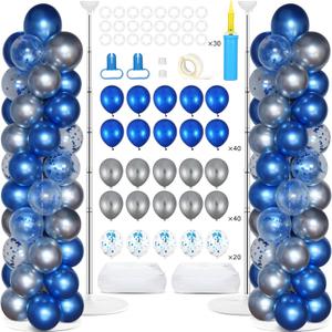 2 Sets Navy Blue and Silver Balloon Column Stand Kit with 100 Balloons Adjustable Balloon Tower Stand with Bases for Floor Confetti Balloon Column Kit for Graduation Birthday Appreciation Party Decor