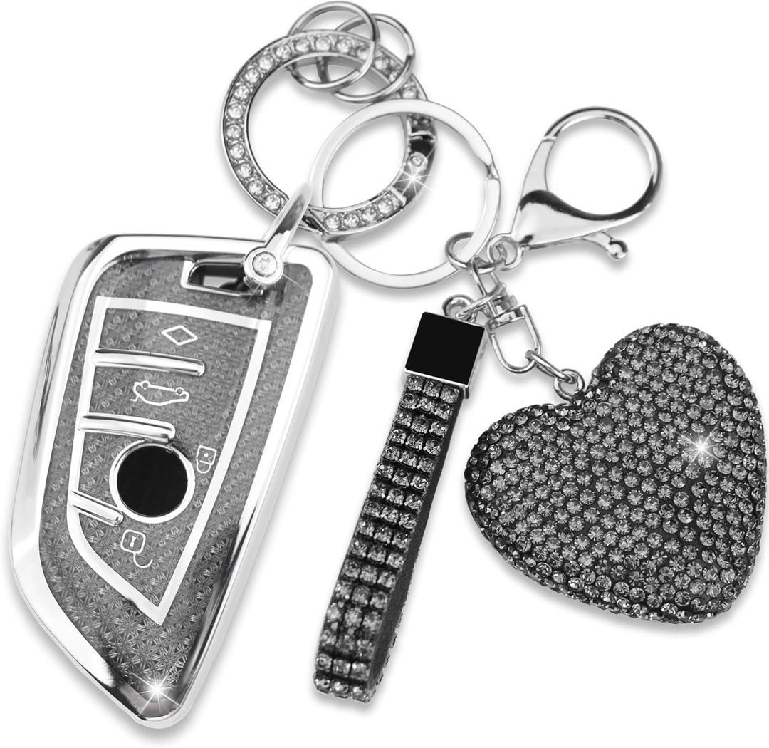 Key Fob Cover with Diamond Keychain, Car Key Shell for Women, Compatible with BMW X1 X2 X3 X5 X6 X7 GT and 2 5 6 7 Series Smart Remote Key Protector (3 Buttons-Black Heart)