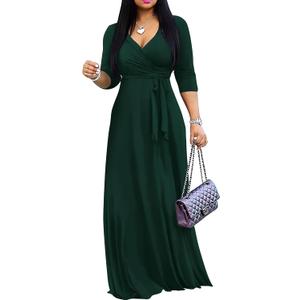 FANDEE Women's Maxi Dress - Solid Color Bohemian Summer Long Maxi Dress V-Neck 3/4 Sleeve (XX-Large, Green)