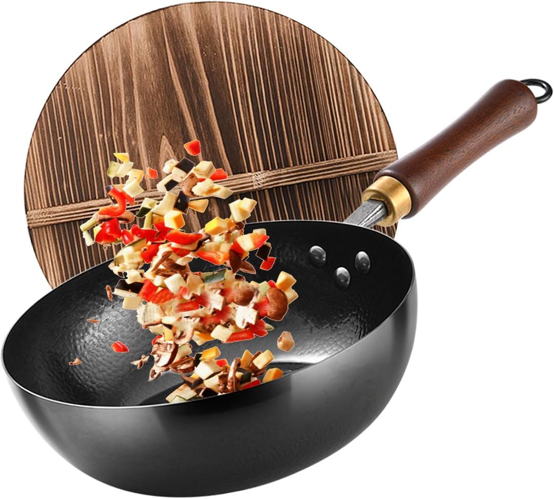Carbon Steel Wok Pan, 9.5  Woks & Stir-Fry Pans with Wooden Lid Cookwares, Nonstick Wok, No Chemical Coated Flat Bottom Hand Hammered Chinese Wok For for Electric, Induction,Gas Stoves