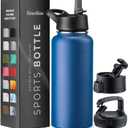 FineDine Triple Walled, Insulated Water Bottles with Straw - 32 Oz Stainless Steel Metal Bottle W/ 3 Leak Proof Lids - For Travel, School, Sports, Gym/Men, Women & Kids - Majestic Sapphire