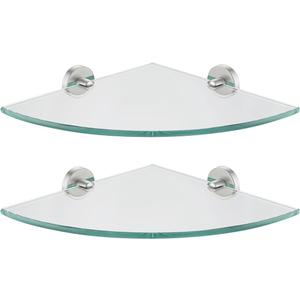 JQK Corner Glass Shelf, Brushed Steel Bathroom 304 Stainless Steel Shower Triangle Floating Wall Shelf, 10 x 10 Tempered Glass, 2 Pack, TGS190L10-BN-P2