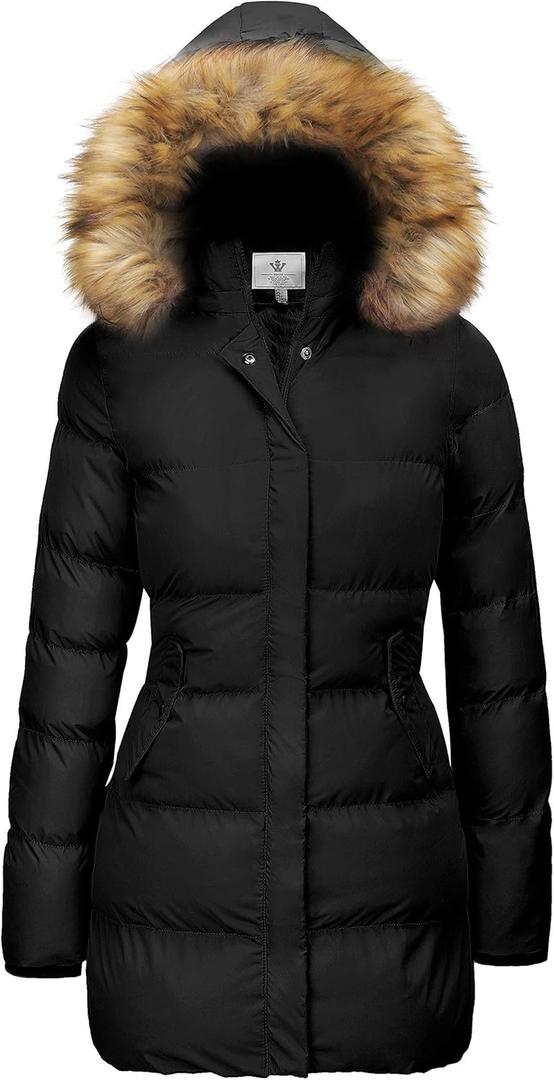 WenVen Women's Winter Thicken Puffer Coat Warm Jacket with Faux Fur Removable Hood (X-Large, Black)