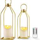 Homemory Modern Farmhouse Lantern Decor with Waterproof Flameless Candle & Remote Timer, 2PCS Gold Metal Candle Lantern Decorative for Outdoor Indoor Home Living Room Patio Porch Table (Gold)