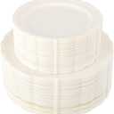 U-QE 100 Pieces Ivory Plastic Plates for Party - Ivory Disposable Plastic Plates - Heavy Duty Disposable Platos Including 50 Dinner 10 '' & 50 Dessert 7.5 '' for Weddings