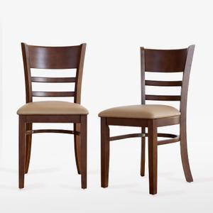 Livinia Cabin Dining Chair Set of 2, Solid Malaysian Oak PU Leather Upholstered Cushion Seat Wooden Ladder Back Side Chairs, Walnut 