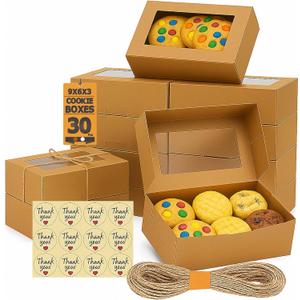 Leafiew 30 Pack Cookie Boxes with Window for Gift Giving 9x6x3 Inches Bakery Boxes - Small Cookie Containers for Treats, Desserts, Strawberries, Cupcake, Pastry, Charcuterie, Baked Goods (Brown)
