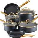 Farberware Forged Induction Ceramic Nonstick Pots and Pans Set with Lids and Kitchen Cooking Tools - Dishwasher Safe, Suitable for All Stovetops, 12 Piece Cookware Set - Black and Gold