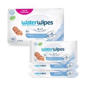 WaterWipes Sensitive+ Newborn & Baby Wipes, 3-In-1 Cleans, Cares, Protects, 99.9% Water, Unscented & Hypoallergenic, 180 Count (3 Packs) WaterWipes Sensitive+ Newborn & Baby Wipes, 3-In-1 Cleans, Cares, Protects, 99.9% Water, Unscented & Hypoallergenic, 180 Count (3 Packs)