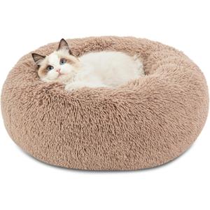 Bedsure Calming Cat Beds for Indoor Cats - Small Cat Bed Washable 20 inches, Anti-Slip Round Fluffy Plush Faux Fur Pet Bed, Fits up to 15 lbs Pets, Camel