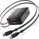 65W for MacBook Pro Charger, 5-in-1 Retractable Wall Charger Plug for iPhone 17, Dual 3.94 ft PD USB C Cable&3 Ports, Fast Charging Block for Mac Book Pro/ Air, M1 M2 M3 M4 M5, iPad Pro, Galaxy, Pixel