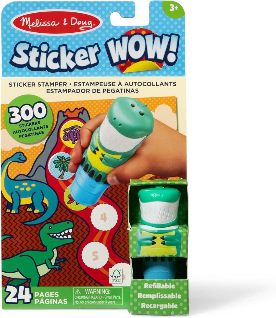 Melissa & Doug Sticker Wow! Sticker Stamper and 24-Page Activity Pad, 300 Stickers, Arts and Crafts Fidget Toy Collectible Character Dinosaur - for Kids Ages 3+ - FSC Certified