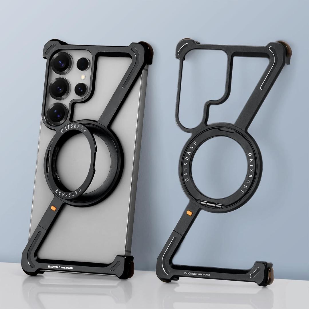 Z Metal Case for Samsung Galaxy S25 Ultra Frameless Aluminum Alloy Bumper with Magnetic Kickstand, Minimalist Shockproof Slim Hard Cool Cover with 360Rotating Ring Holder Stand for Men, Black