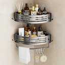 Corner Shower Caddy Suction Cup, 2 Pack Shower Shelves Corner No Drilling, Aluminum Alloy Shower Organizer Suction Cup, Removable Bathroom Storage Rack with Towel Bar & Hooks(Gray)