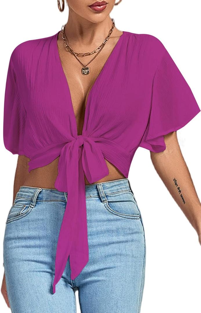 LYANER Women's Deep V Neck Tie Front Knot Wrap Ruffle Short Sleeeve Crop Top Blouse (X-Large)