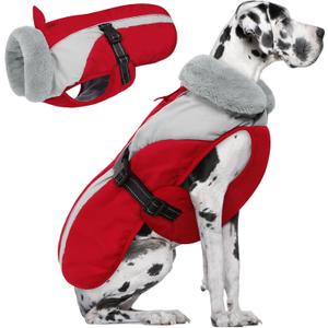 Queenmore Dog Winter Jacket, Coat for Large/Extra Large Dogs, Extra Warm Padding Fleece Puffer Coat Waterproof Parka Jacket for Great Dane Doberman, Red/Grey XXXL