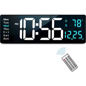 Abovsare 16.2 Inch Large Display Wall Clocks, LED Digital Clock with Remote Control for Living Room Decor, Automatic Brightness Dimmer Clock with Date Week Temperature (Blue)